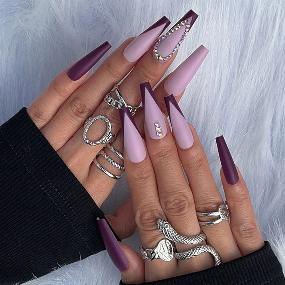 FALSE NAILS Long Two Tone Purple With Rhinestones